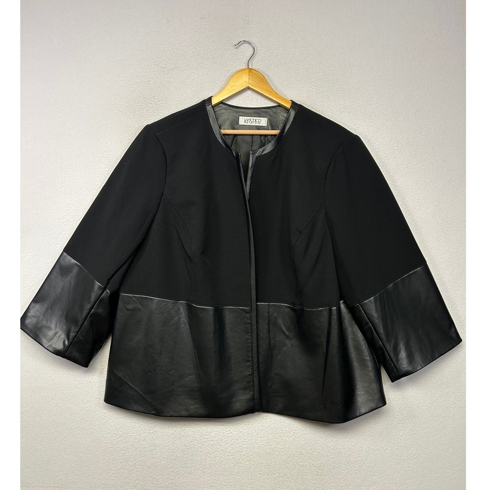 Modern Professional Kasper Womens Plus Size 20W Black Faux Leather Trim Blazer